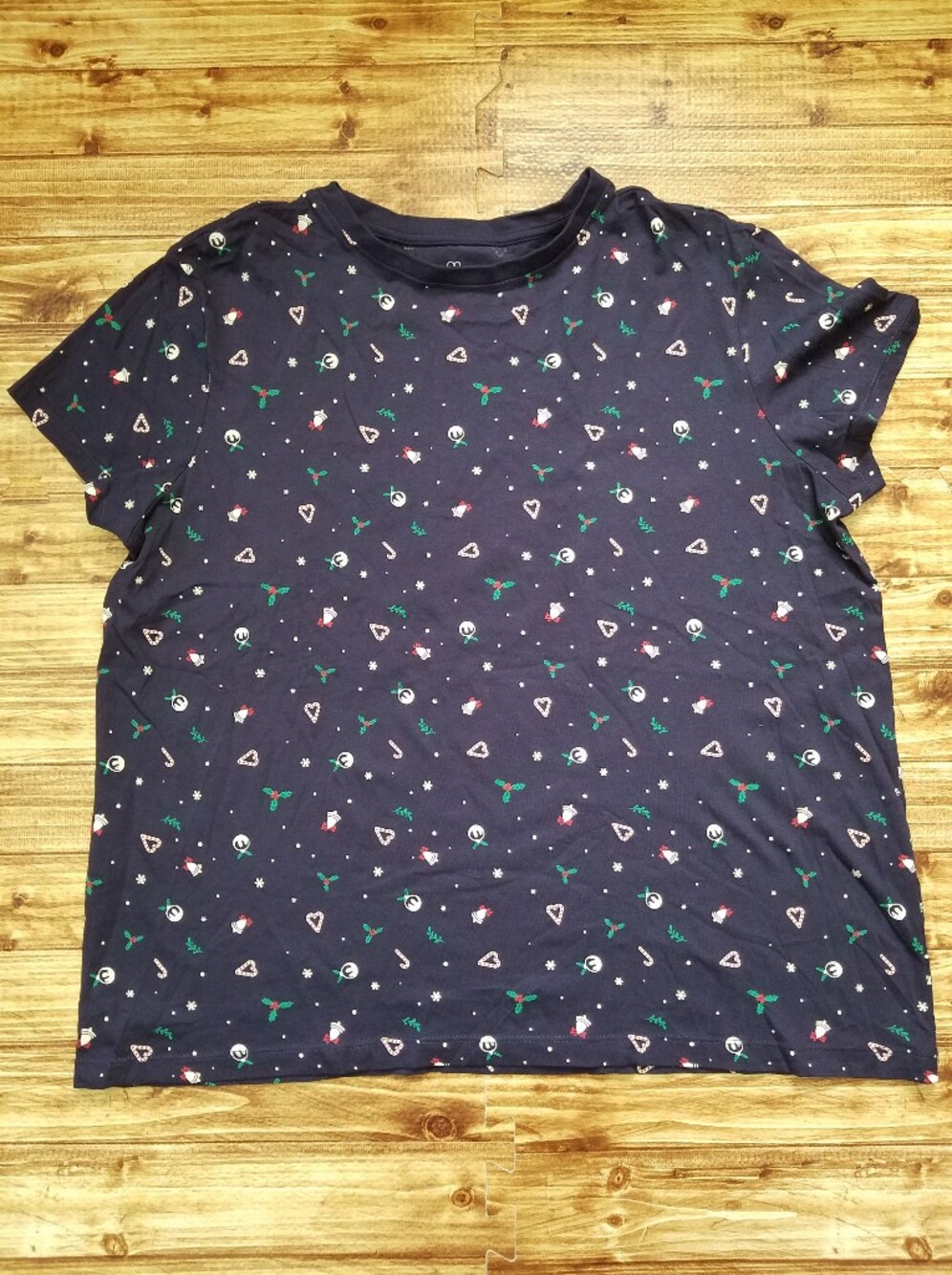 Primark Navy Blue Christmas Candy Cane Holly Snow Shirt Women's Large Size 10/12